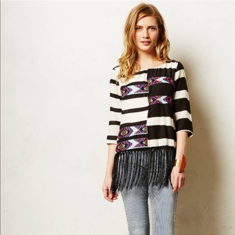 Anthropologie Floreat Fringed Boho Embroidered Top
